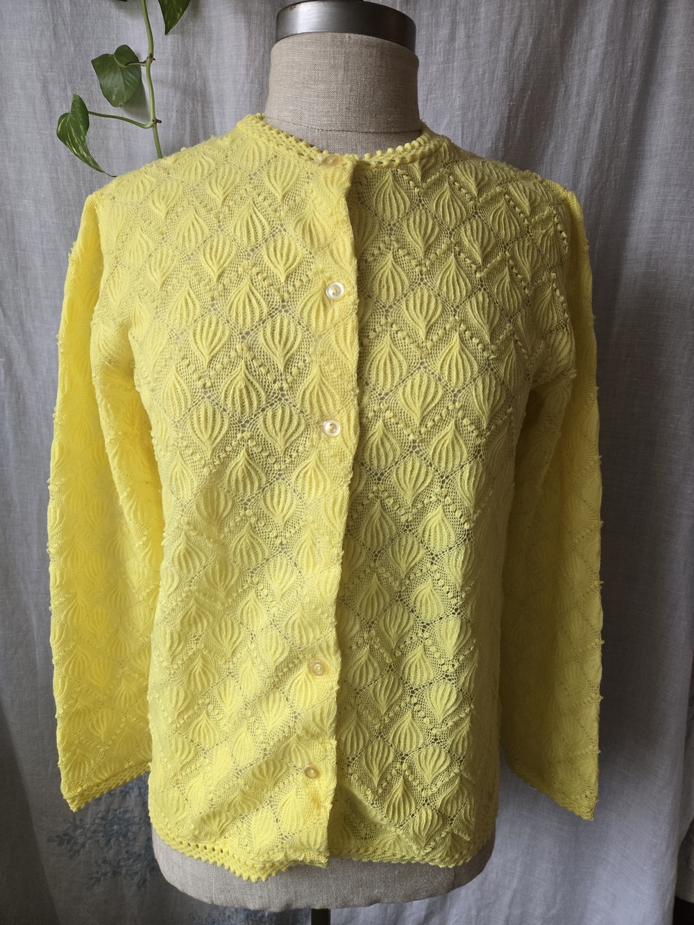 Vintage 60s lemon yellow pointelle sweater, small